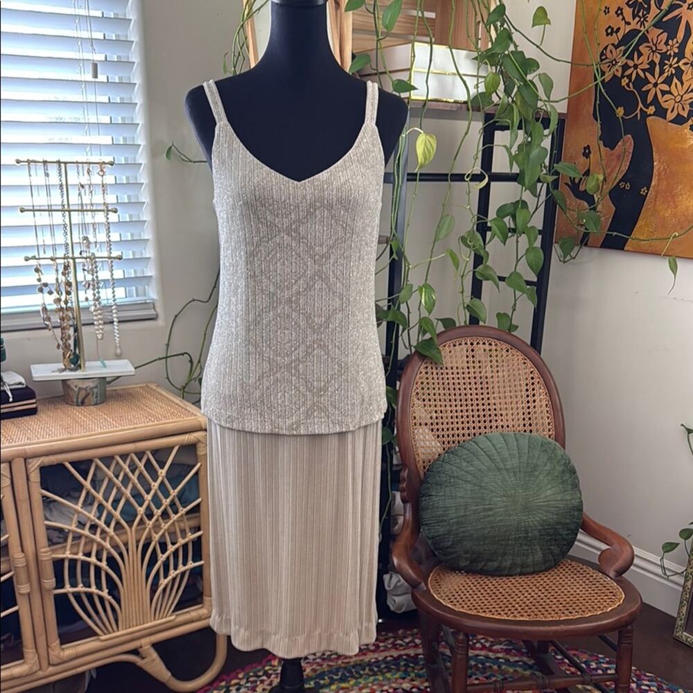 Vintage 80s/90s Alex Evenings Beige Art Deco Glitter Drop Waist Evening Dress